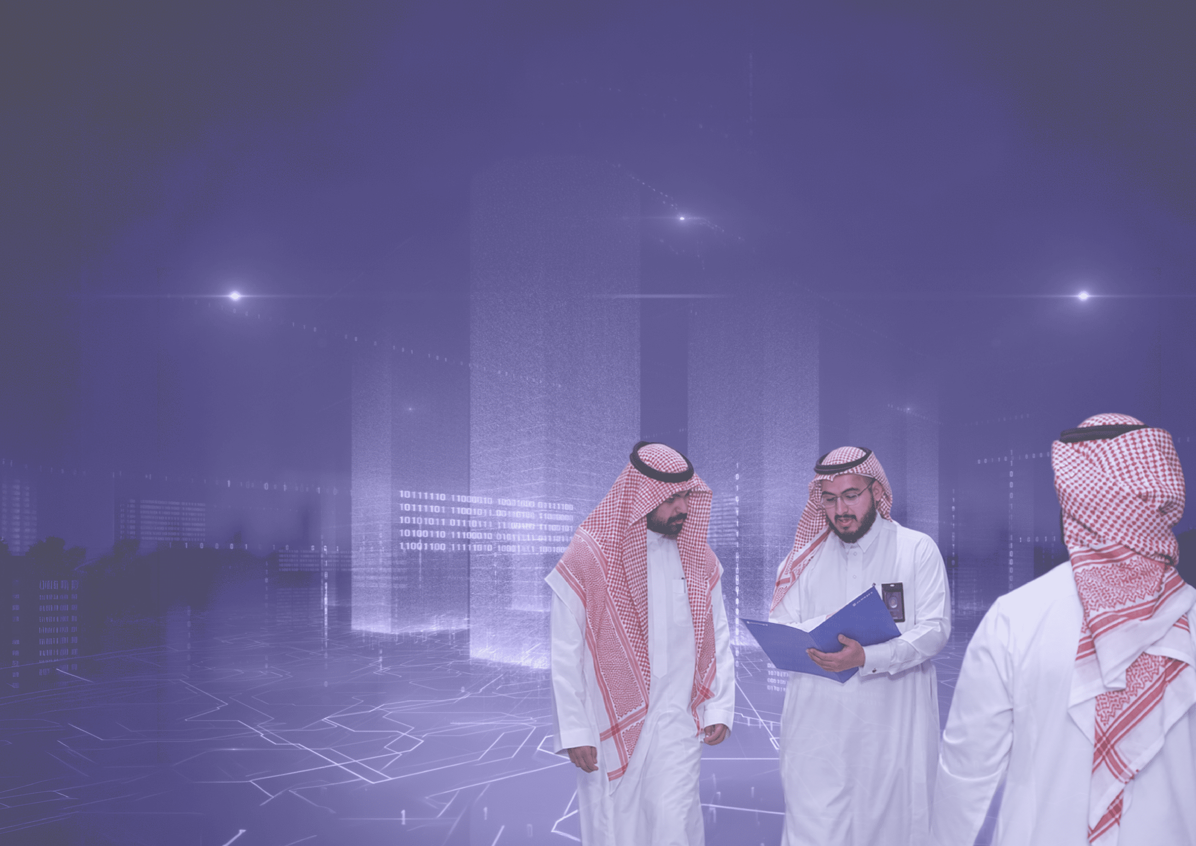 ثلاثة أشخاص يرتدون الثوب والغترة التقليديين ويتحدثون في بيئة رقمية مستقبلية مع مبانٍ مضيئة في الخلفية. Description generated by AI